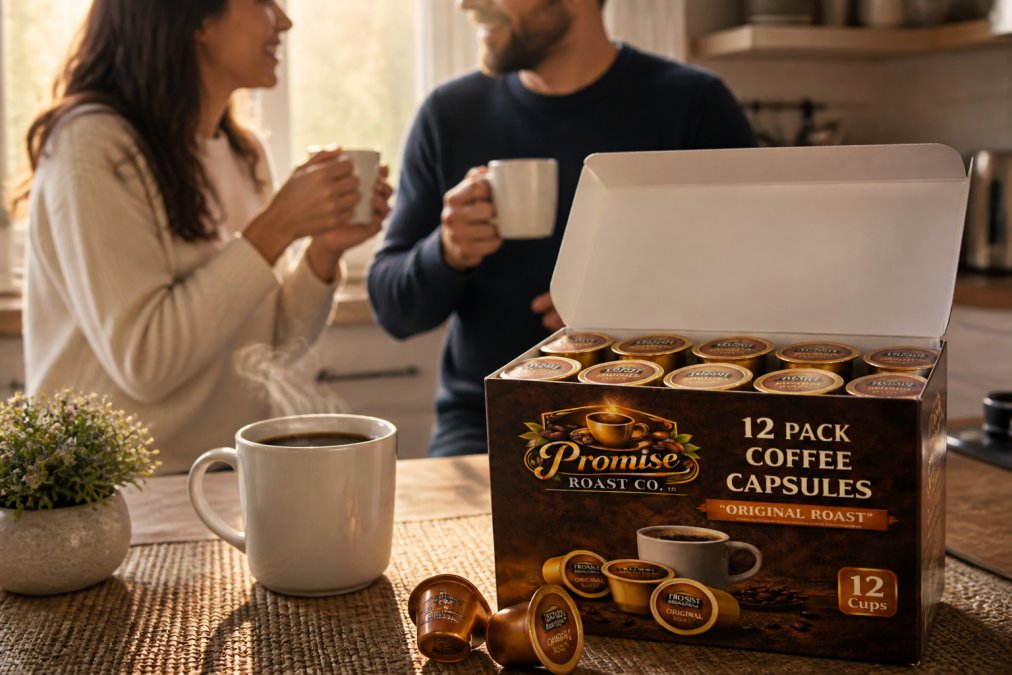 Close-up of an open artisan coffee pod box with individual pods visible, steam rising from a freshly brewed cup in the background, warm morning light filtering through a kitchen window