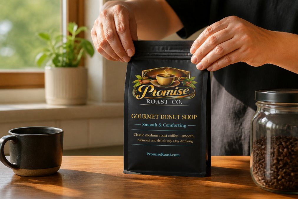 Hands carefully sealing a vacuum-sealed bag of whole coffee beans on a kitchen counter with morning light streaming through a window, showing the careful preservation of beans in airtight packaging