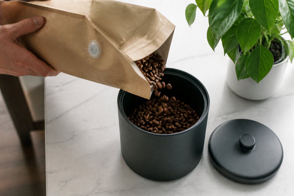 Overhead shot of whole coffee beans being poured from a kraft paper bag with a one-way valve into a dark, airtight ceramic canister on a clean countertop, with a small label showing a roast date visible on the bag