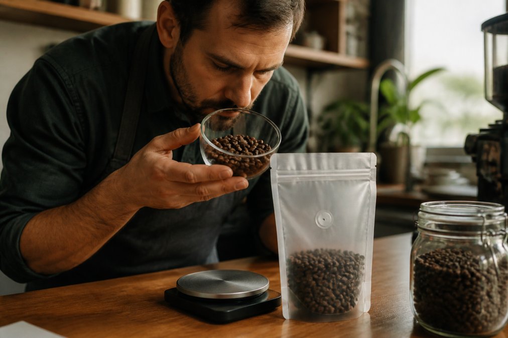 A close-up of freshly roasted whole coffee beans resting in a small glass bowl on a wooden counter, with a one-way valve bag and a scale nearby, warm natural light from a kitchen window