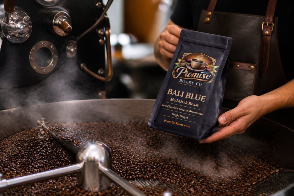 Close-up of freshly roasted coffee beans cooling in a roaster, steam rising gently, with warm golden lighting highlighting the rich brown color and glossy surface of the beans