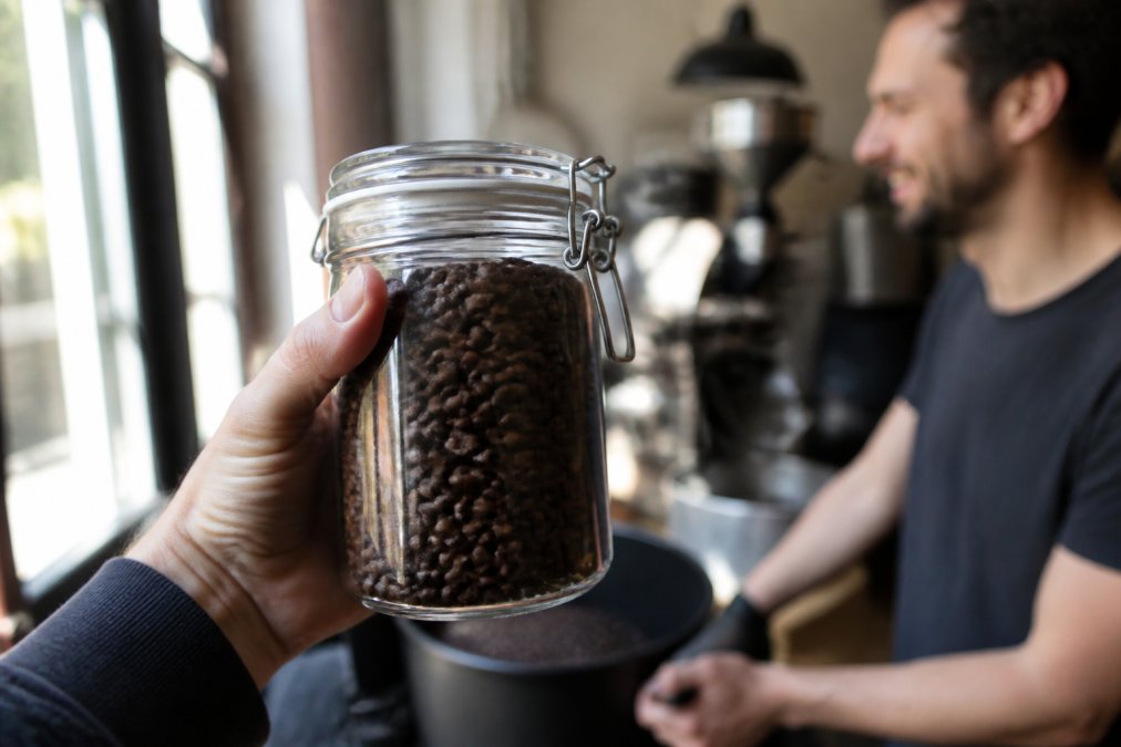 Close-up of a hand holding a clear glass jar filled with freshly roasted whole coffee beans, with the roast date label visible and soft natural window light in the background