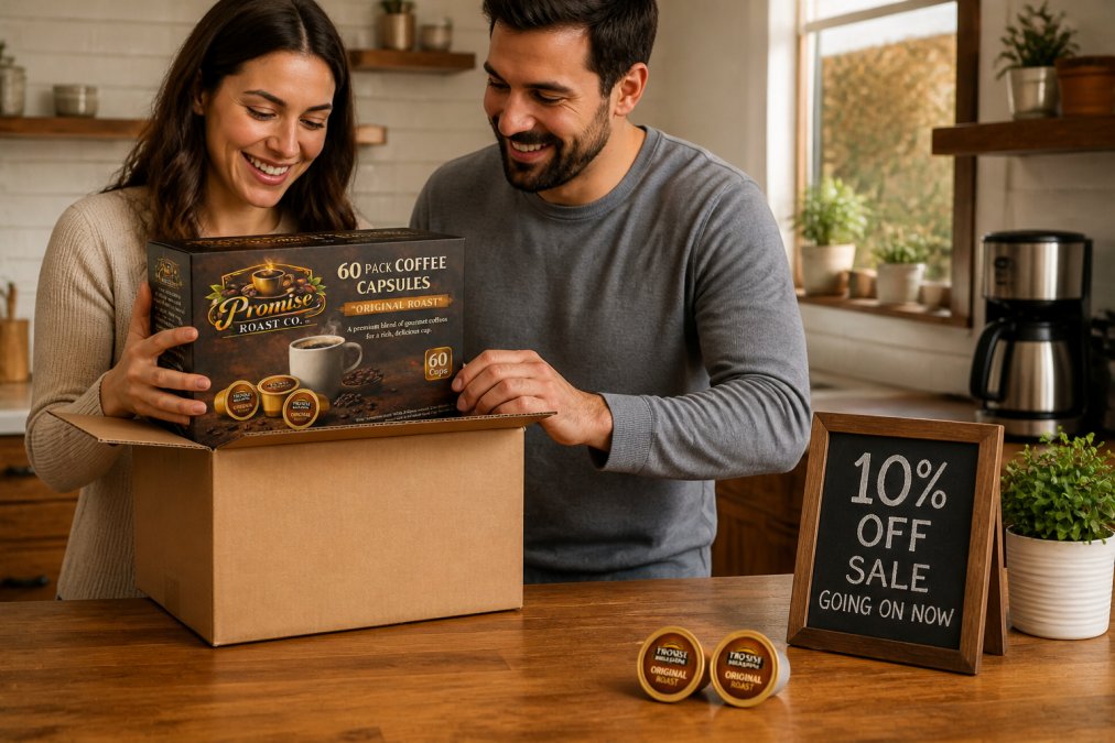 Close-up of whole coffee beans spilling from a kraft paper bag onto a wooden kitchen counter, with a small scale and a handwritten price tag resting nearby, warm natural morning light