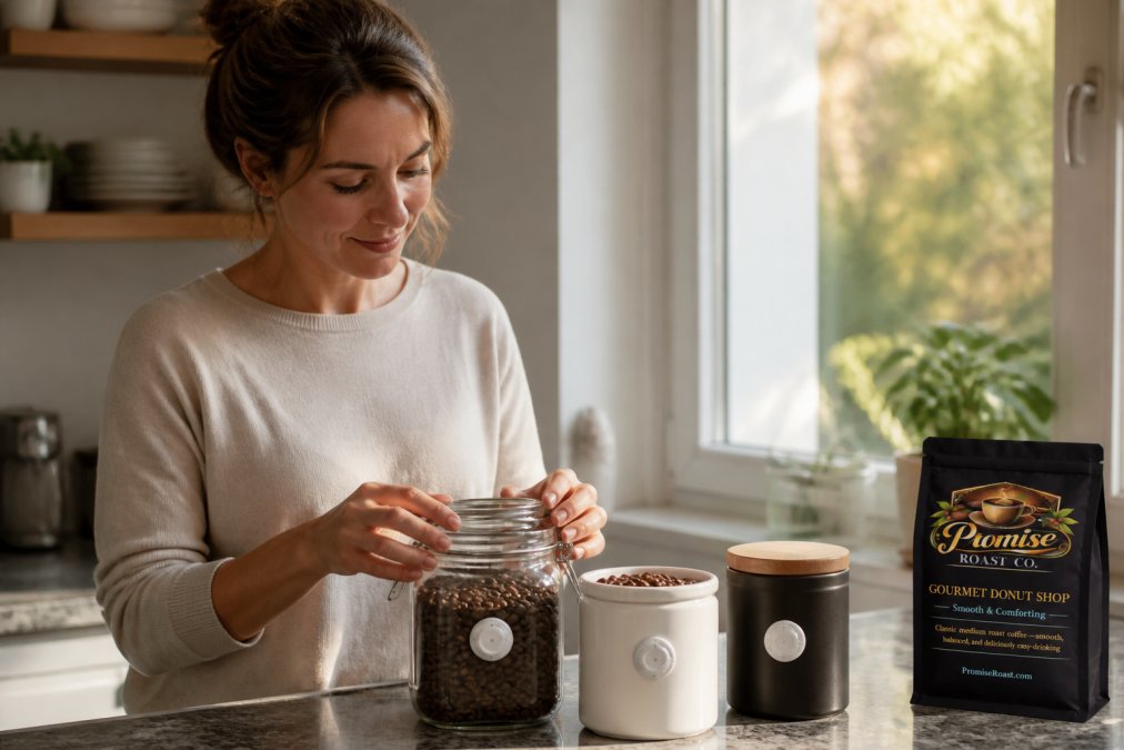Airtight glass and ceramic coffee storage containers with one-way valve seals arranged on a kitchen counter next to a whole bean coffee bag, morning light streaming through a nearby window