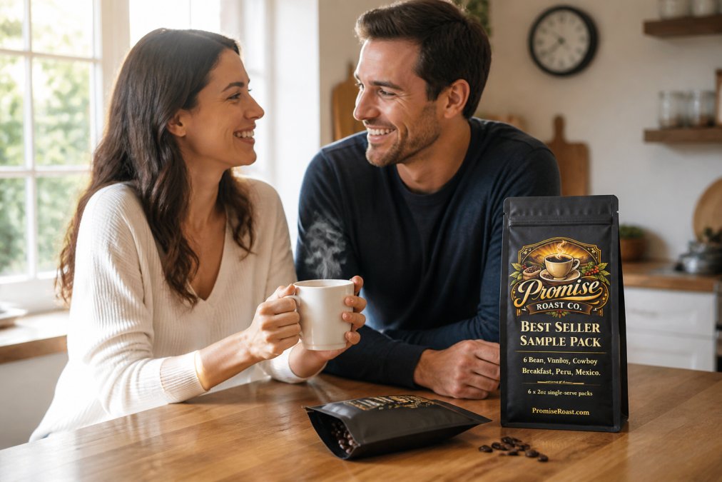 A freshly opened kraft bag of small-batch roasted coffee beans resting on a light wooden kitchen counter, steam rising gently from a white ceramic mug beside it, warm morning sunlight streaming through a nearby window and casting soft golden light across the scene