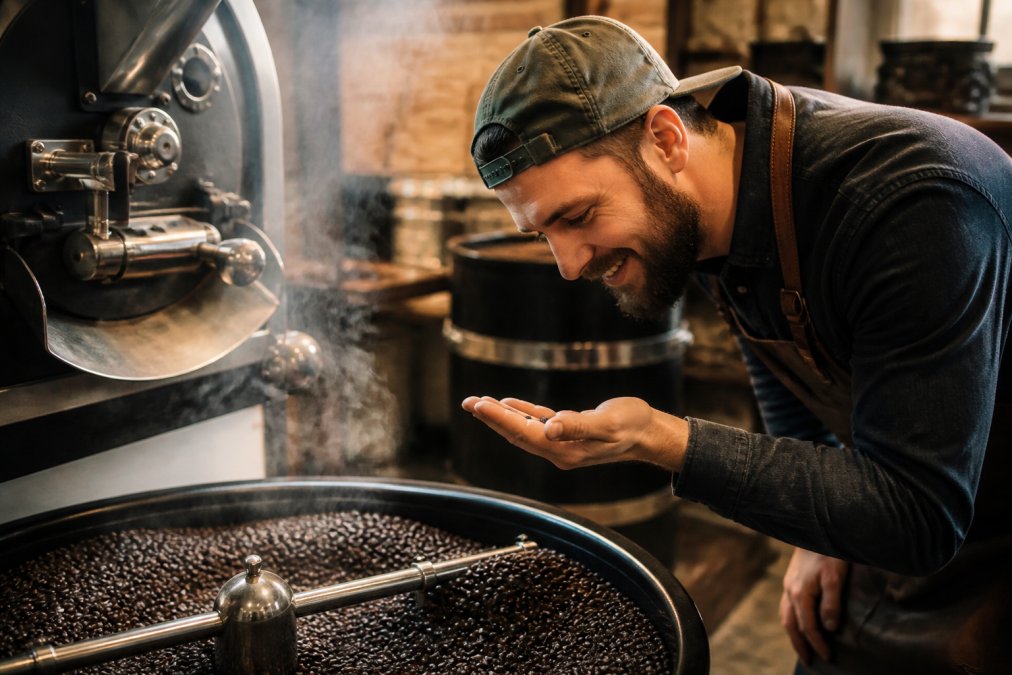 Close-up of freshly roasted coffee beans with visible oils, steam rising from a small batch roaster in the background, warm lighting