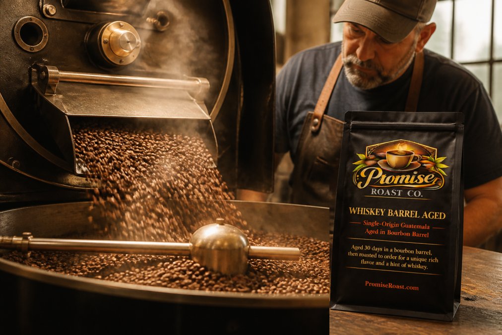 Close-up of freshly roasted whole coffee beans spilling out of a small roasting drum onto a cooling tray, with visible steam rising and warm amber lighting