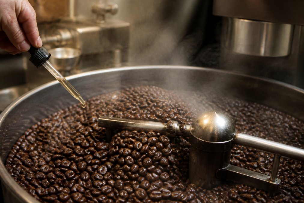 Close-up of freshly roasted coffee beans with visible oil sheen and steam rising, showing the moment flavoring oils are being applied to warm beans in a small-batch roastery