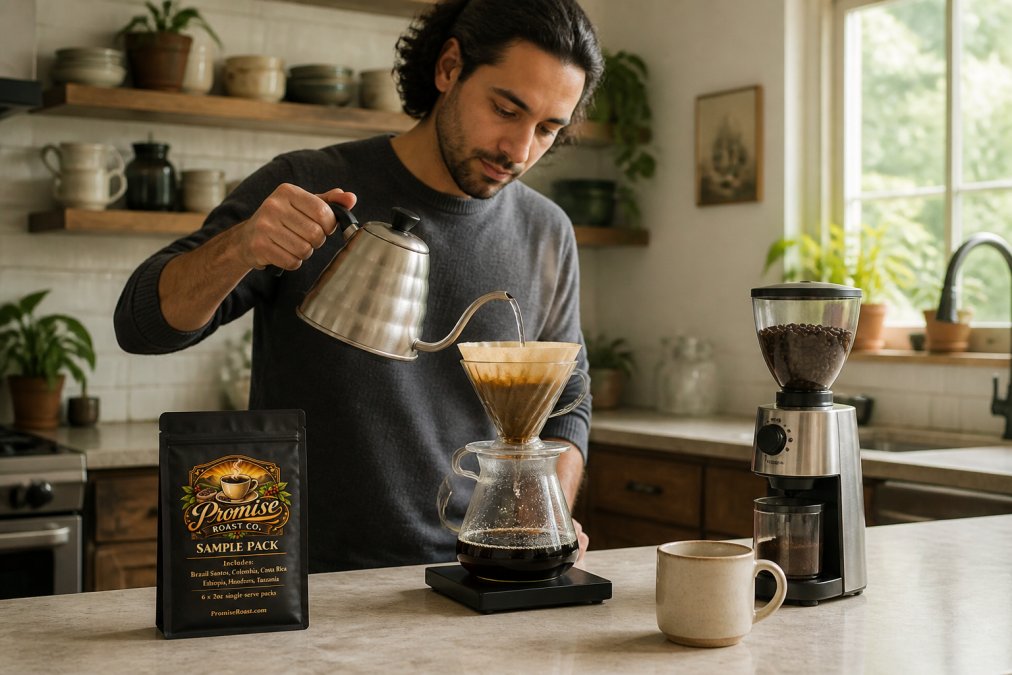 Hands pouring hot water over coffee grounds in a pour-over dripper, with a scale, grinder, and fresh roasted coffee bag visible on a clean kitchen counter with natural morning light
