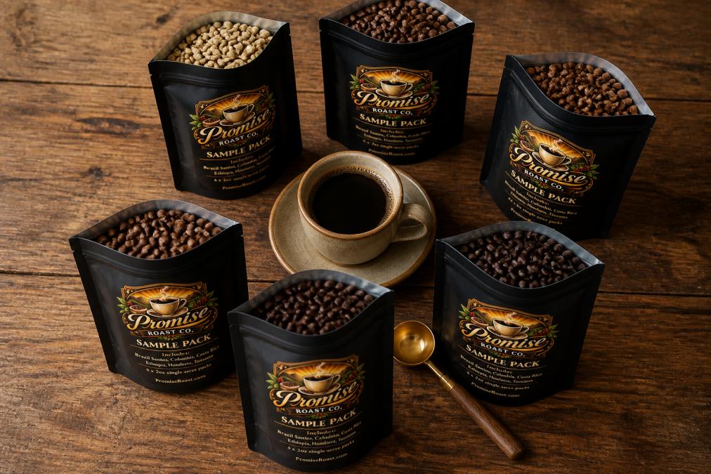 Six open bags of single origin coffee beans arranged in a circle on a wooden surface, showing distinct color differences from light to dark roasts, with a cup of brewed coffee in the center and a coffee scoop nearby