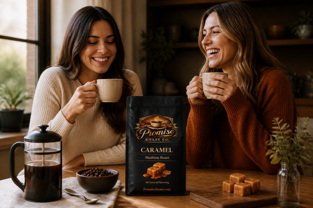 Close-up of fresh coffee beans with rich caramel and chocolate tones, steam rising from a warm ceramic cup, natural morning light highlighting the glossy bean surfaces and golden crema