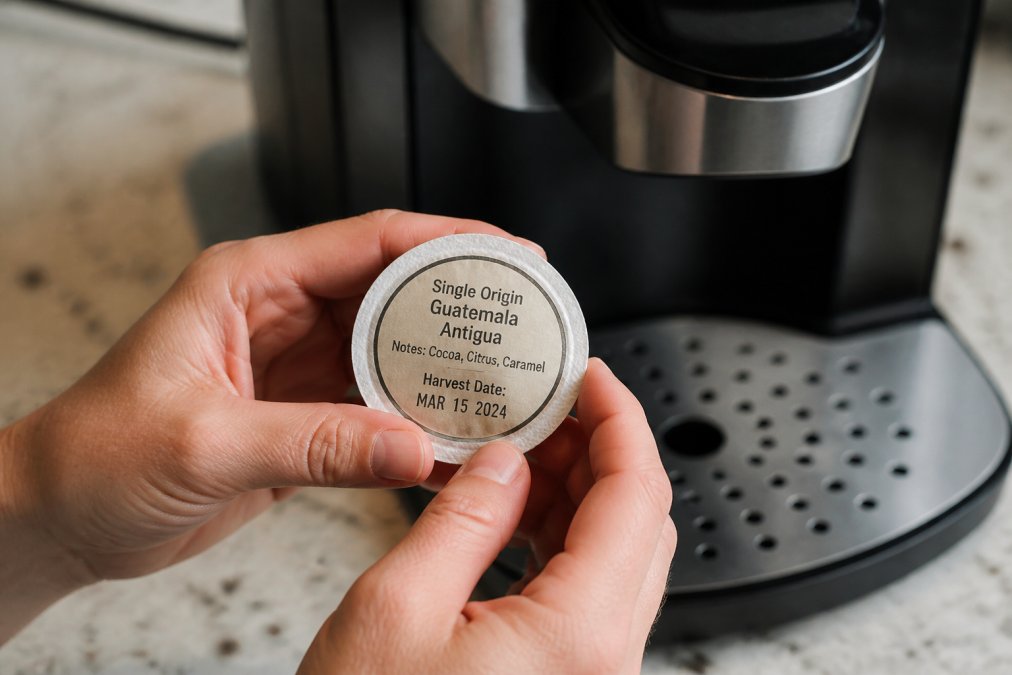 Hands holding a coffee pod with visible packaging details showing origin information and harvest date, with a coffee machine in soft focus behind