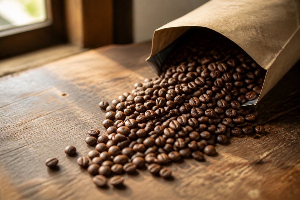 Close-up of freshly roasted whole bean coffee being poured from a kraft paper bag onto a worn wooden surface, warm natural light from a side window highlighting the beans' deep mahogany color and textural variation