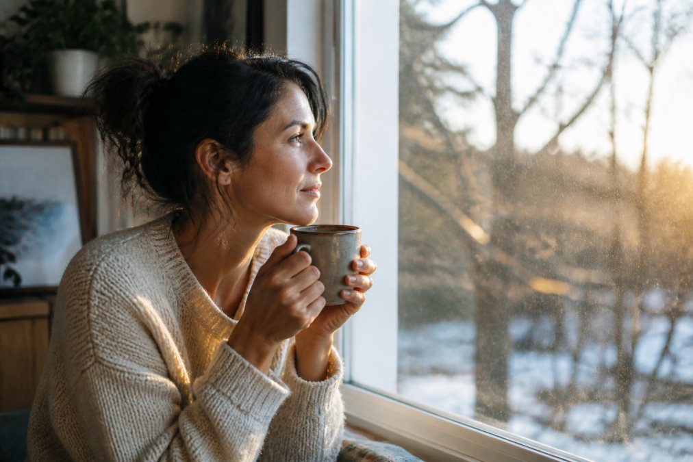 Person holding a warm ceramic mug of coffee at a window during early morning light, with peaceful natural sunlight streaming in and a contemplative expression