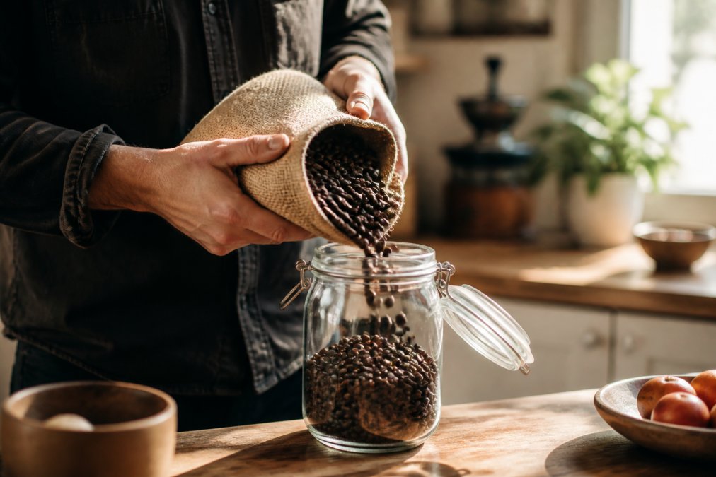 A hand pouring freshly roasted whole coffee beans from a burlap sack into a clear glass jar, warm natural light in a cozy kitchen setting