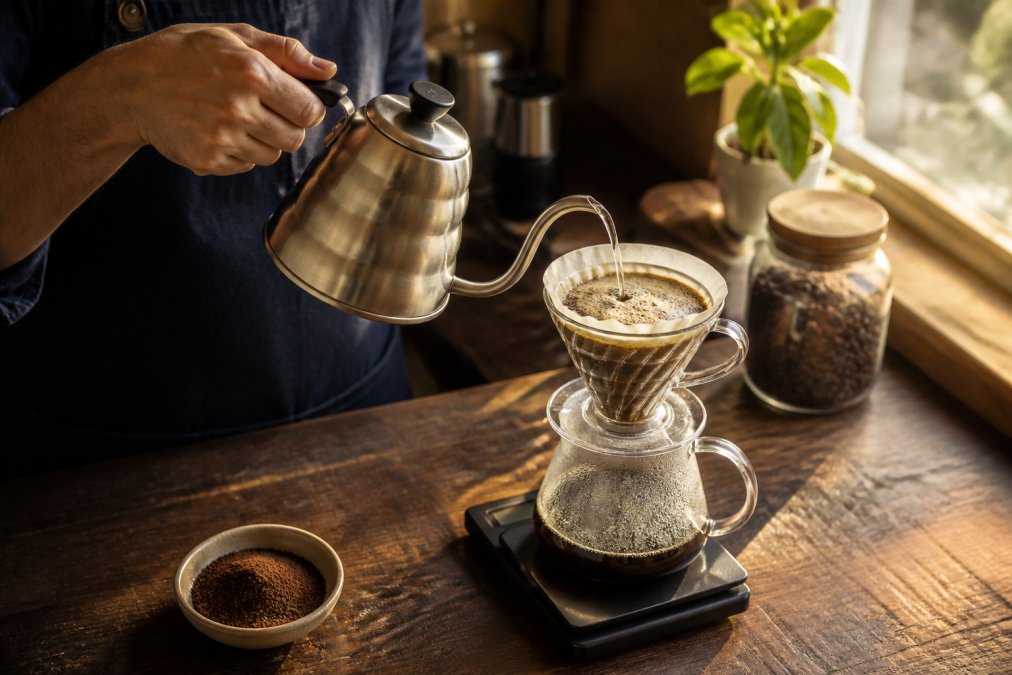 A person's hands using a gooseneck kettle to pour hot water over a blooming coffee bed in a glass pour-over brewer, with a digital scale showing 480 grams and freshly ground beans in a small dish on the wooden counter nearby, warm morning light from a window