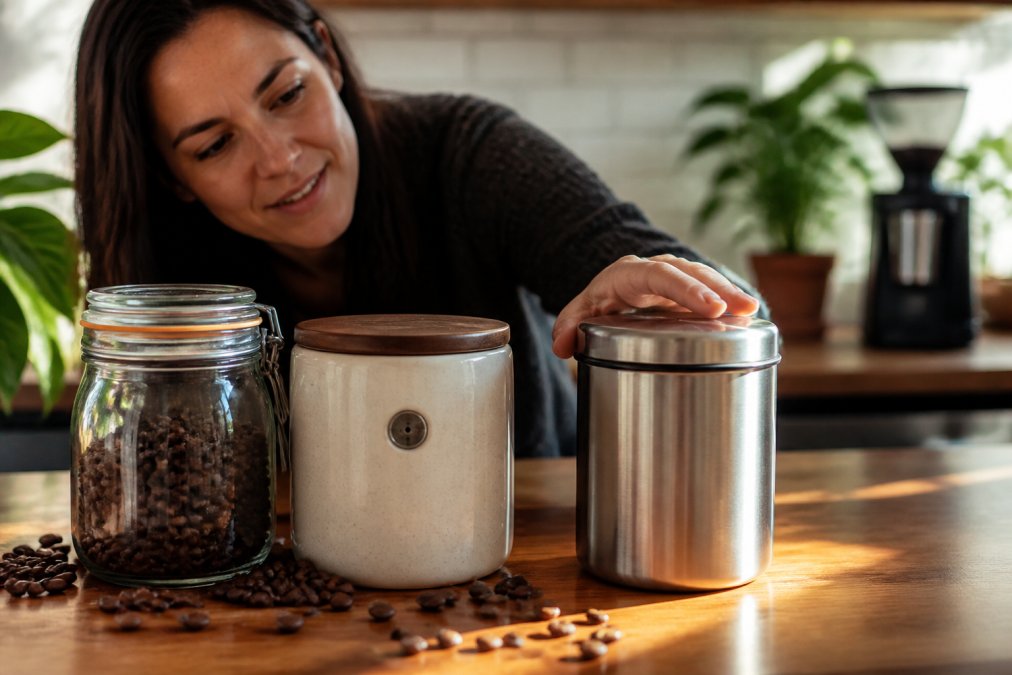 Close-up of three different coffee storage containers, a clear glass jar with an airtight rubber seal, a ceramic canister with a one-way degassing valve, and a brushed stainless steel container with a tight-fitting lid, arranged on a wooden countertop with whole coffee beans scattered nearby and natural morning light streaming across the surface
