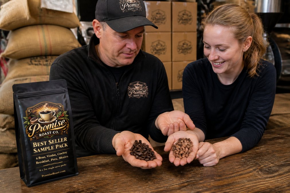Close-up of two handfuls of coffee beans side by side, one batch visibly fresh with a slight oily sheen resting in an open palm, the other dull, faded, and dry in another palm, photographed on a rustic wooden surface under warm natural light