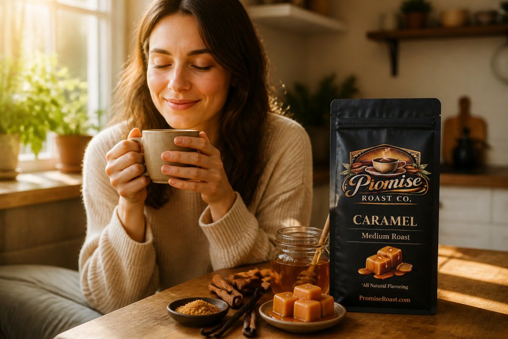 Hands holding a warm ceramic coffee cup with a vanilla bean, cinnamon stick, and honey arranged on a rustic wooden surface nearby, warm golden morning light streaming through a window