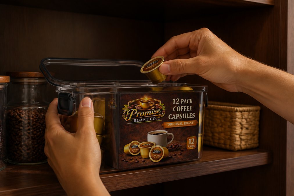 Hands organizing coffee pods in an airtight container on a kitchen shelf in cool, dark storage environment with natural light avoided, showing proper storage setup