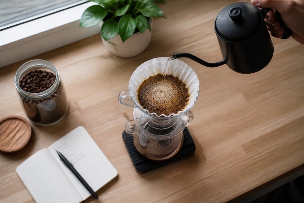 Overhead shot of a pour-over coffee setup on a light wood countertop, gooseneck kettle mid-pour over a glass carafe, small open notebook with handwritten tasting notes beside it, soft natural light from a nearby window