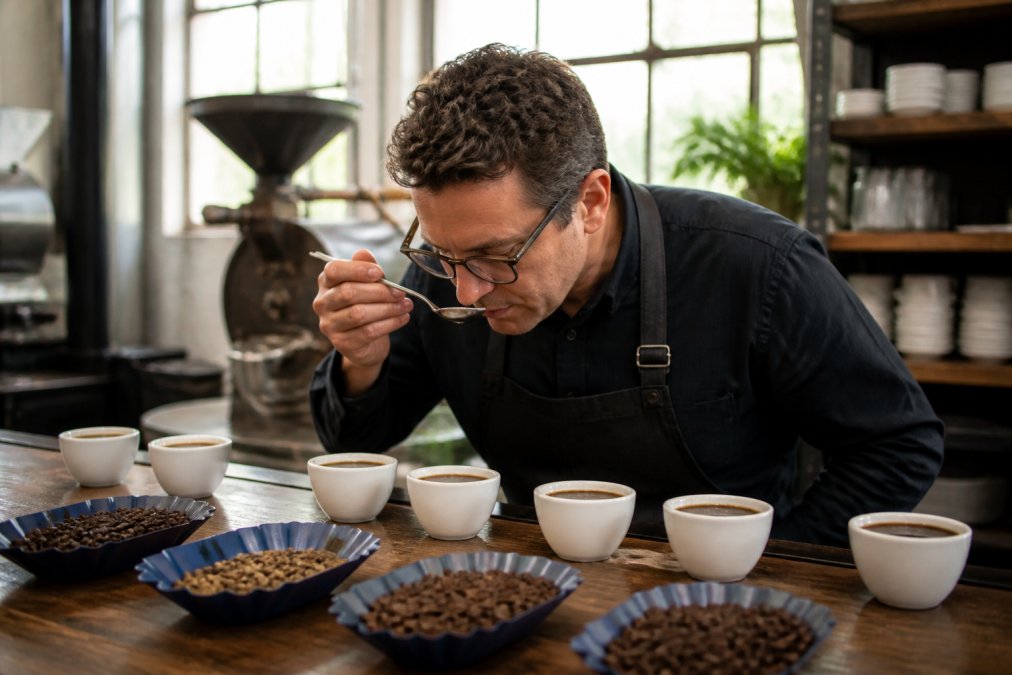 Artisan coffee roaster carefully examining and cupping flavored coffee samples, evaluating color, aroma, and tasting notes in a bright roastery setting with natural light