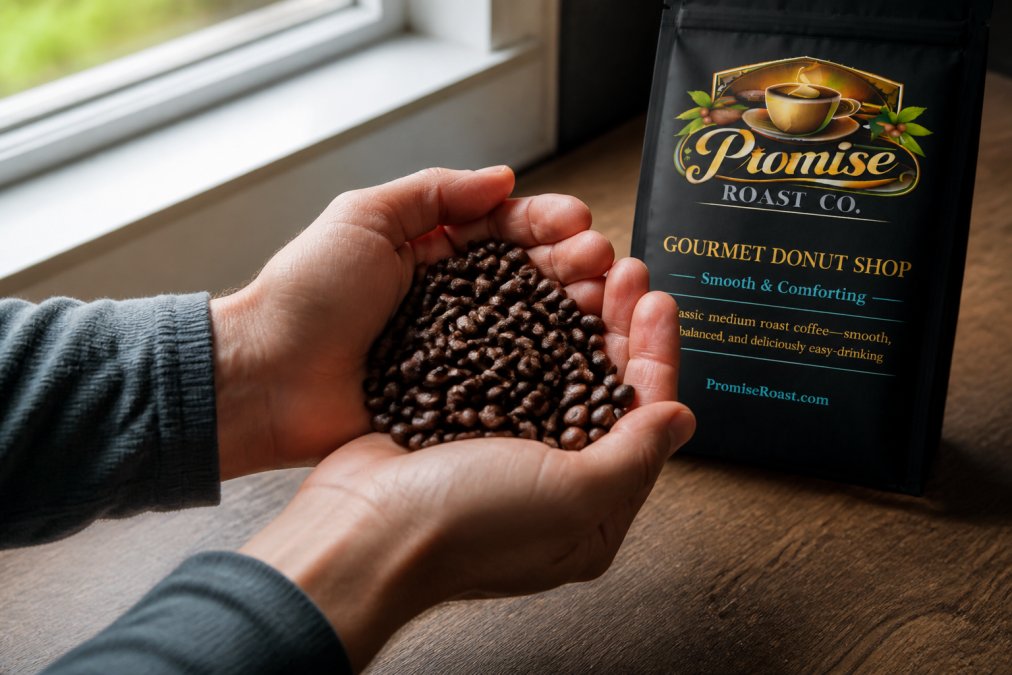 Close-up of hands holding whole coffee beans in cupped palms, examining the surface detail and sheen under natural window light, with a coffee bag showing a printed roast date visible in the background