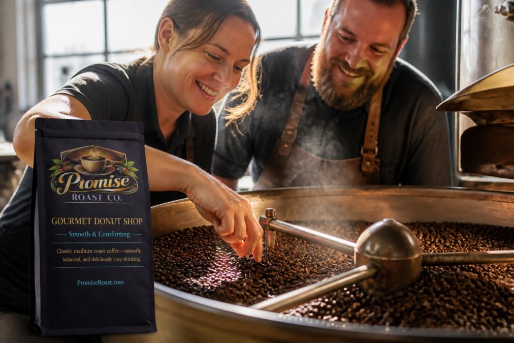 Close-up of freshly roasted coffee beans cooling on a metal roasting tray with visible steam rising, rich dark brown color with glossy sheen, natural morning light illuminating the texture and depth of the beans