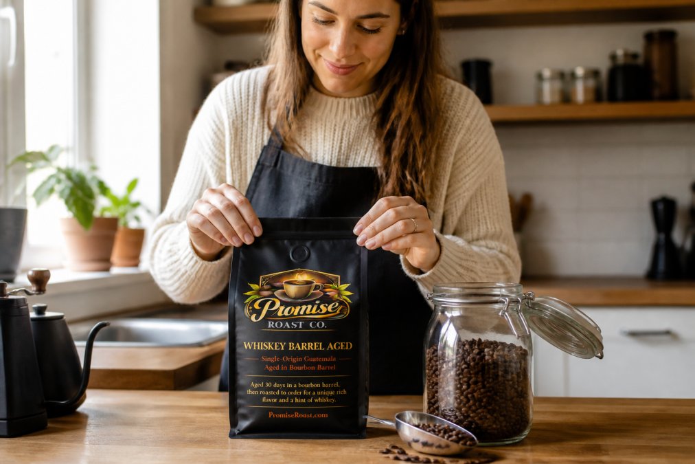 A sealed matte-black coffee bag with a one-way valve sitting on a wooden kitchen counter next to an airtight glass jar and a small scoop of coffee beans, warm natural light from a nearby window