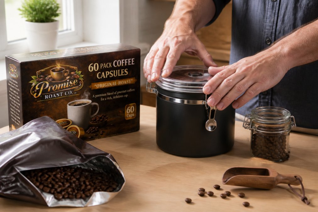 Hands pressing down the lid of a vacuum-sealed coffee storage canister on a light wood kitchen countertop, an open bag of whole coffee beans and a small airtight glass jar visible beside it, soft natural window light