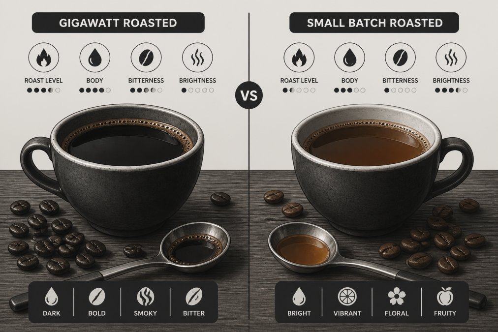 Two ceramic coffee cups side by side on a wooden table, one filled with dark oily coffee and the other with a lighter, clearer brew, with scattered roasted coffee beans and a cupping spoon nearby